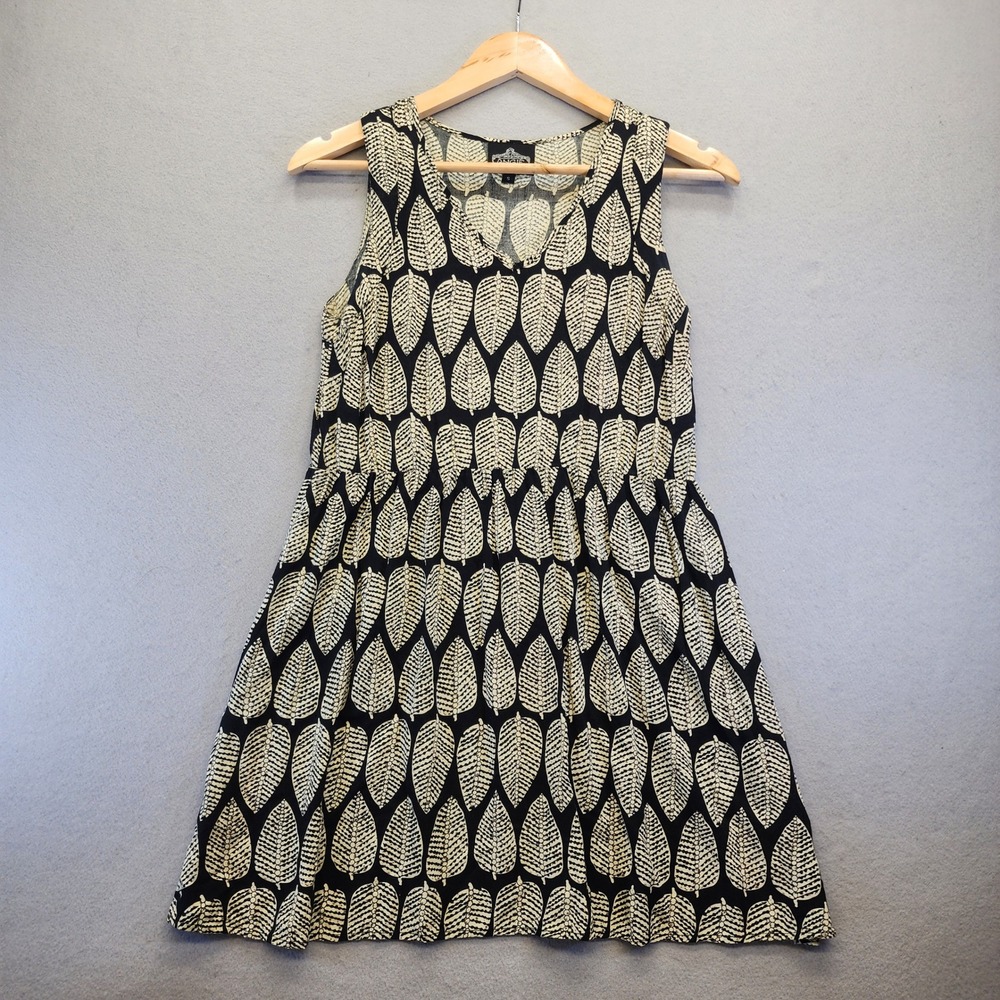 Angie Black Cream Leaf Print Sleeveless V-Neck Mini Dress Womens Small Boho
